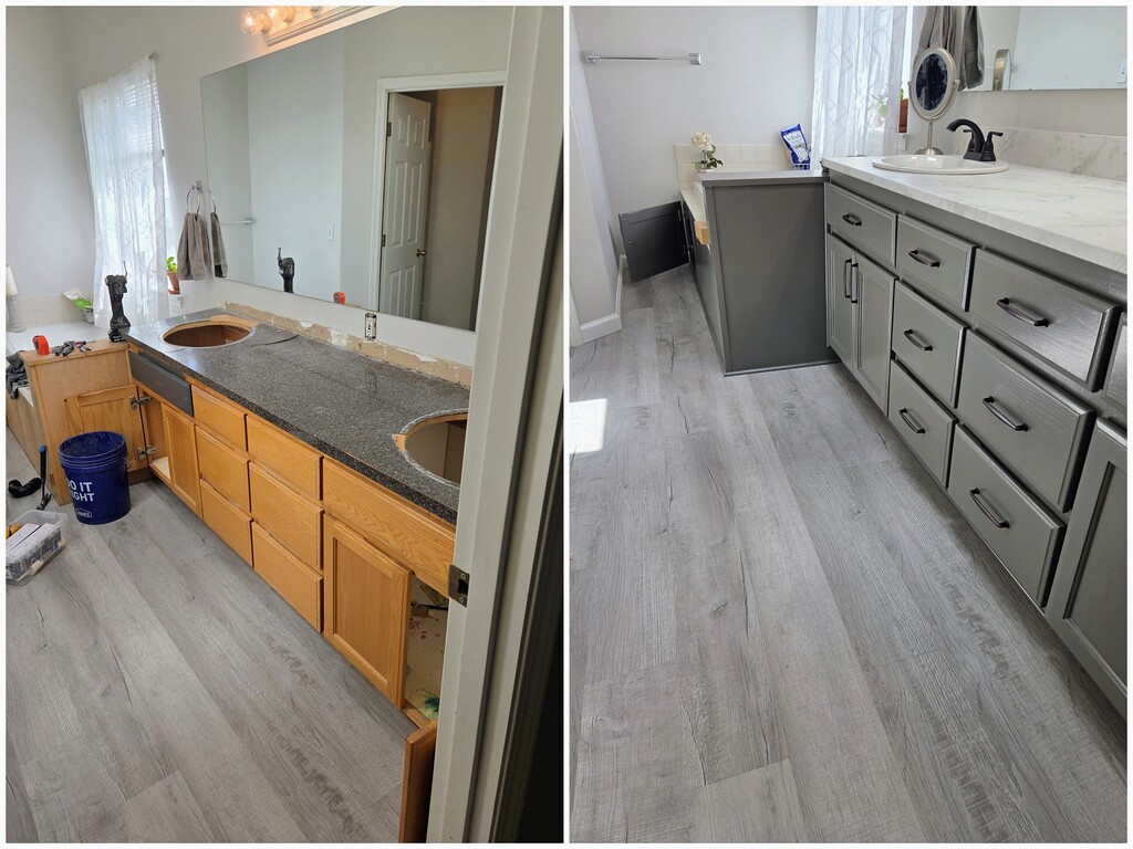 Customer-supplied side-by-side bathroom photos showing vanity, sink and flooring